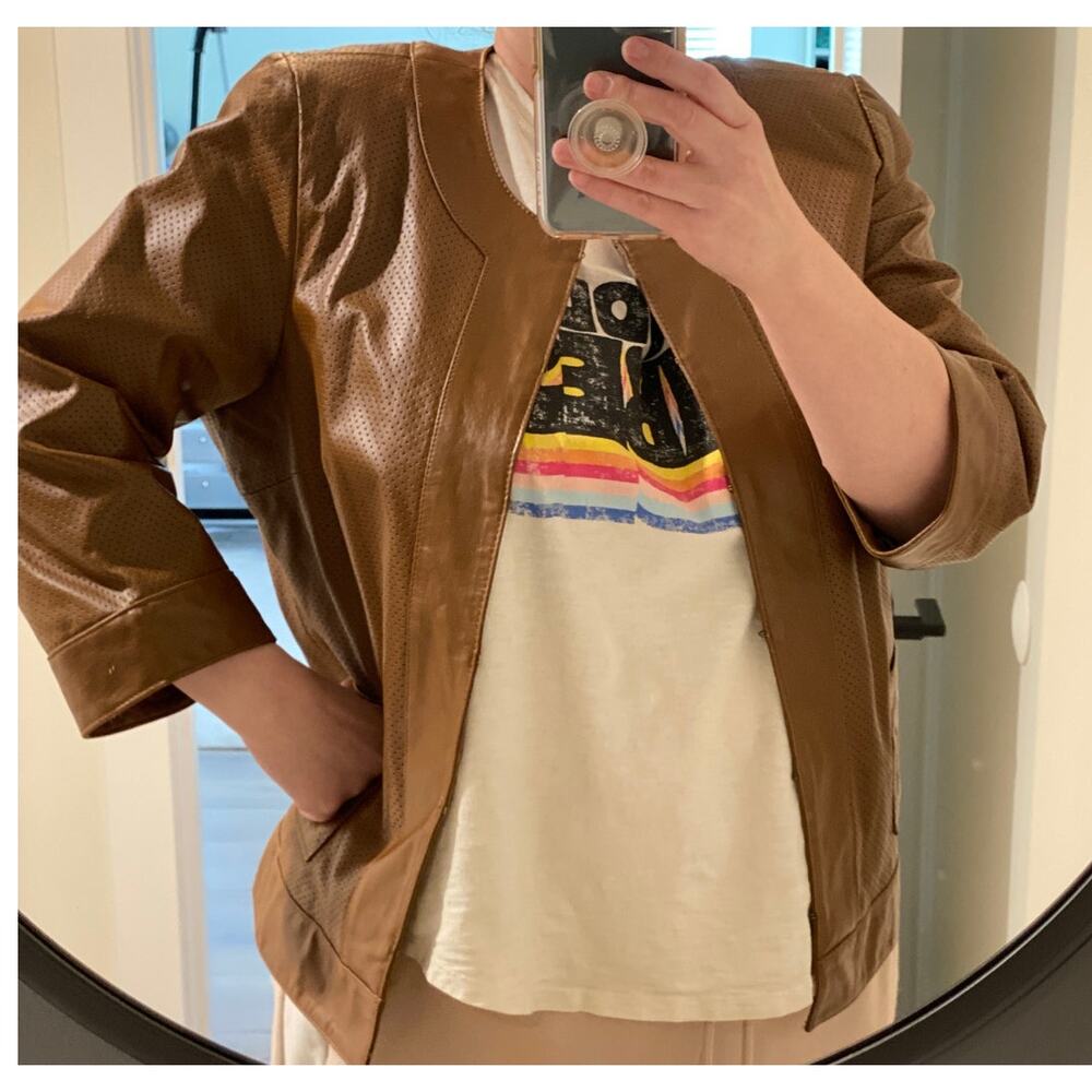 Bradley Bayou 100% Genuine Leather Jacket Womens Sz L Brown 3/4 Sleeve‎ Pockets